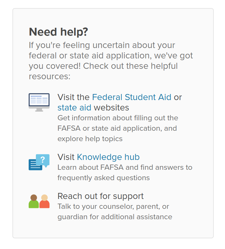 Need help? section with links to the Federal Student Aid website, a state aid website, and Xello's Knowledge hub